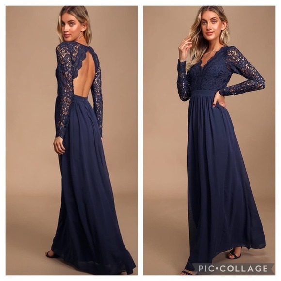 Lulus Awaken My Love Navy Blue Long Sleeves Lace Maxi Dress Size Medium New - Picture 1 of 15